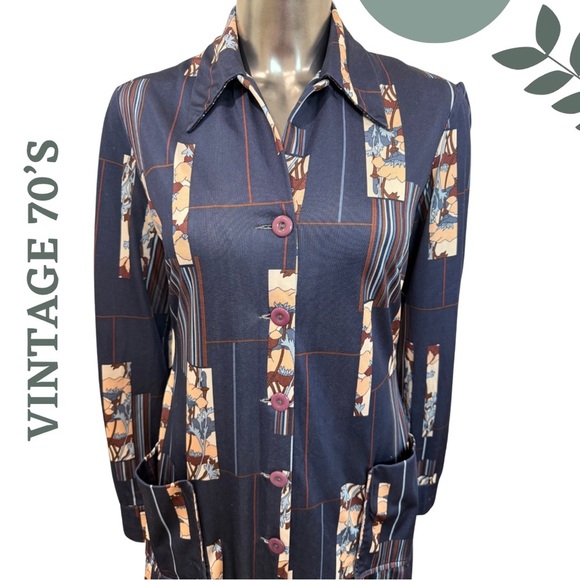 Vintage 70s Leo-Danal for Normie Hum Navy Blue Abstract Floral Shirt Dress Midi - Picture 5 of 10